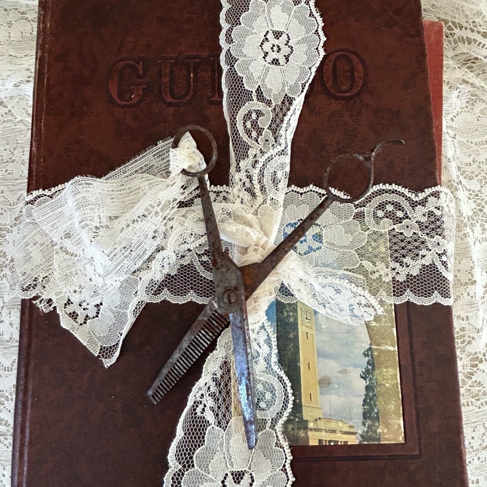 Vintage hair trimming shears with vintage yearbook vignette